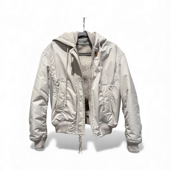 Vince Hooded Bomber Jacket XS Ceramic Cream Faux Fur Lined - Picture 3 of 13